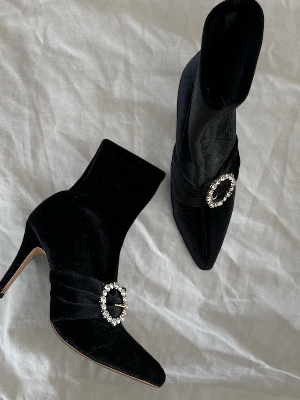 Raye Black Velvet Pointed Stiletto Ankle Boots with Crystal Buckle